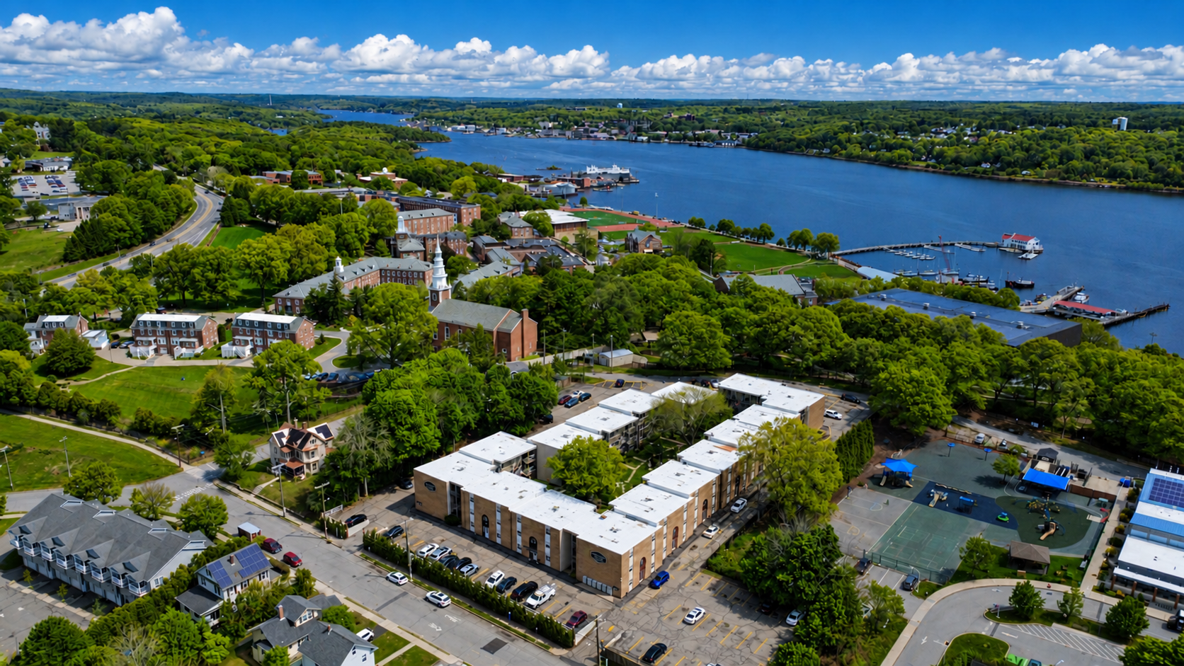 Courtview Square Apartments and its courtyards, with the Thames River beyond